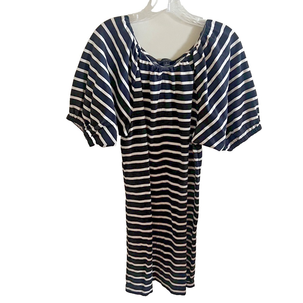 J. Crew Dress‎ Sz M Puff Sleeve Striped Black White Nautical Cotton Comfortable